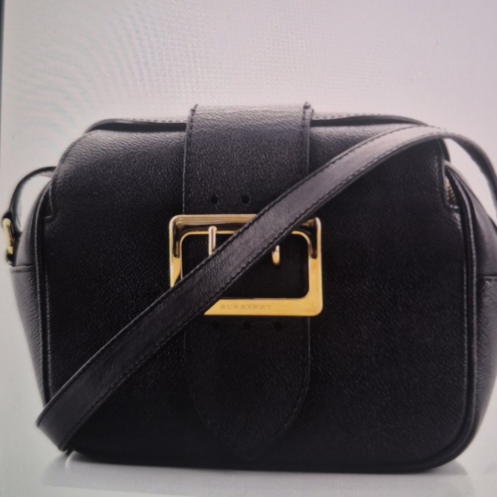 Authentic Burberry Black Leather Crossbody Bag with Gold Buckle